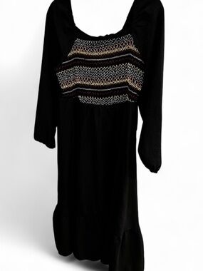 BloomChic Black Long-Sleeve Midi Dress with Multicolor Smocked Bodice
